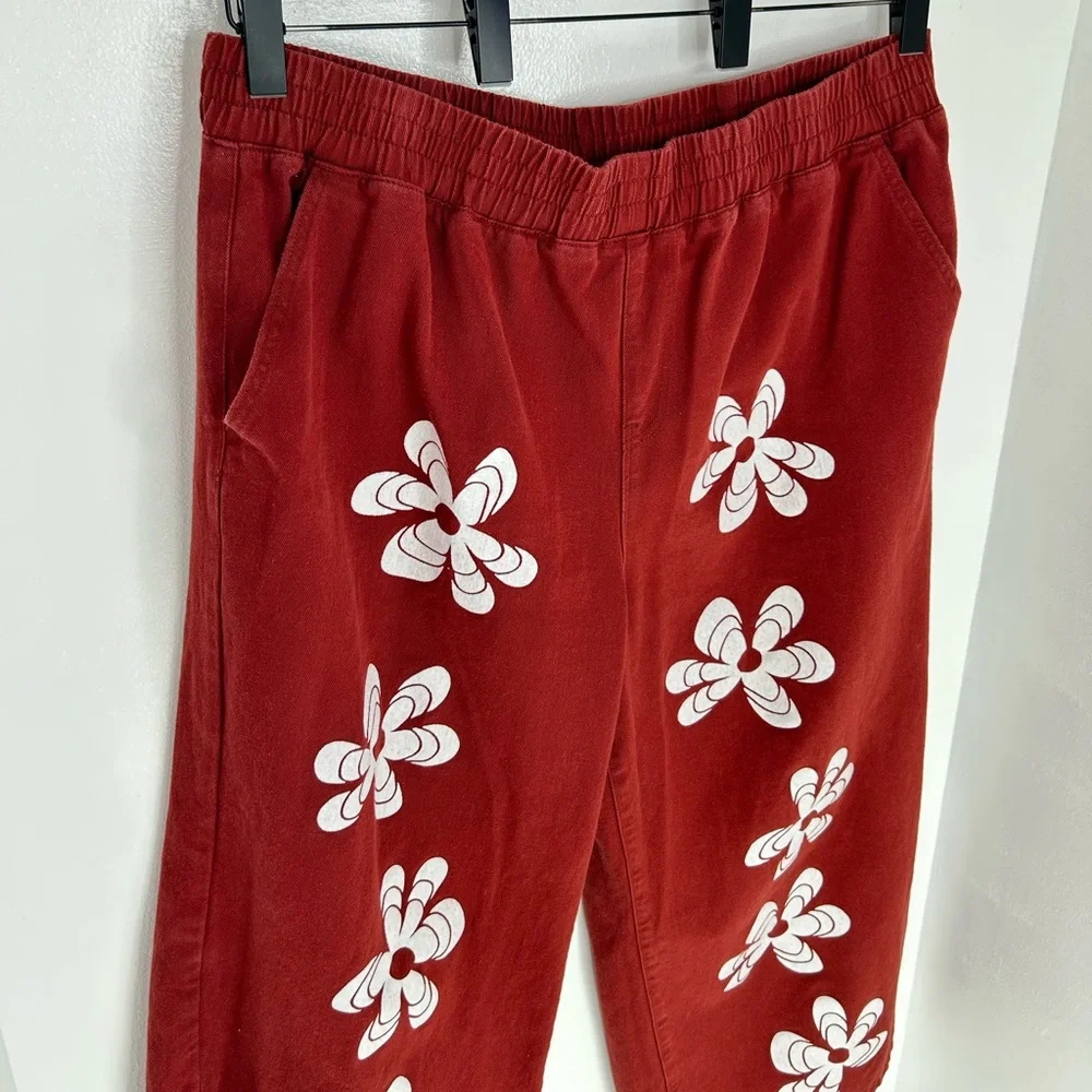 Cider Jeans Red Denim Cotton Flower Print‎ Wide Legs Pants Size 4XL Boho 40x27